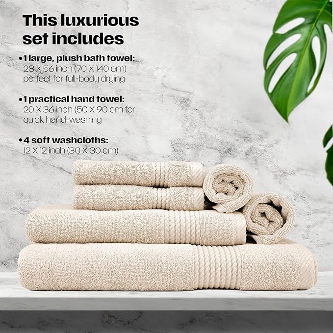EastNBlue Lara Premium Bath Towel Set 6 Piece - Soft & Highly Absorbent Bathroom Towel Set, 100% Luxury Turkish Cotton, Flannel Bath Towels, 1 Bath Towel, 1 Hand Towel, 4 Washcloths - Beige