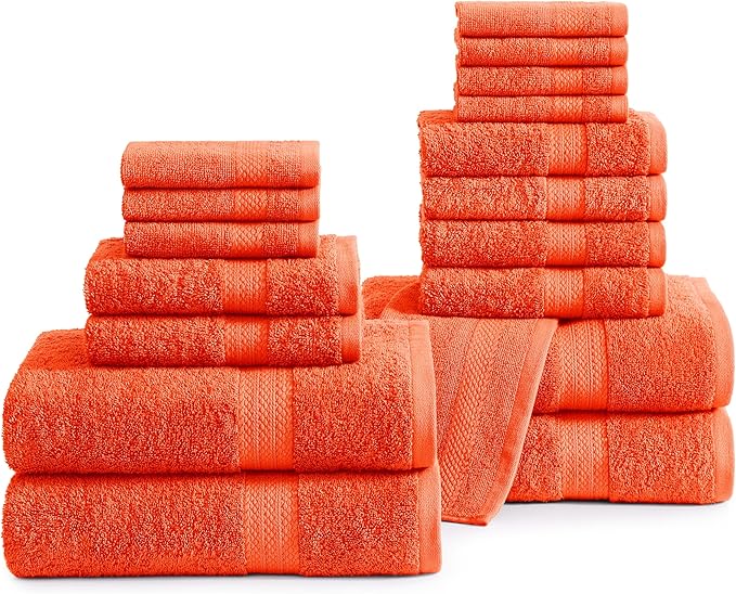 LANE LINEN 100% Ring Spun Cotton Luxury Bath Towel Set, 18 PCs - 4 Bath Towels, 8 Washcloths, 6 Hand Towels for Bathroom - Sustainably Produced & Pet Friendly, Oeko-Tex Certified - Tiger Lily