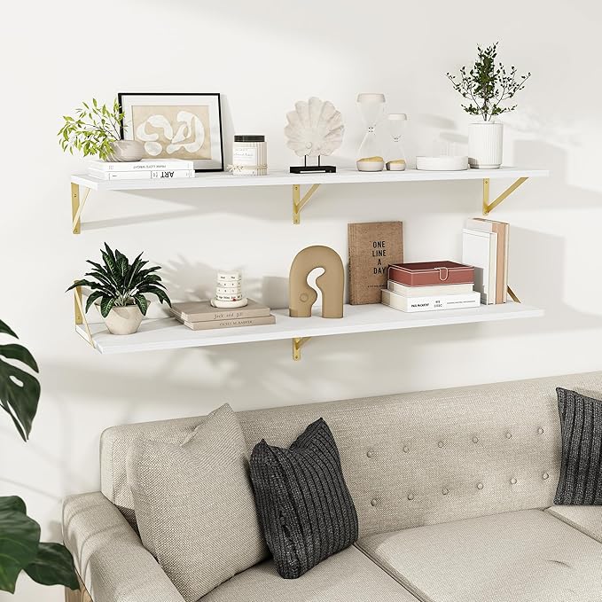 Floating Shelves for Wall, 12 Inch Deep Floating Shelves Set of 2, 55W x 12D Large Wall Shelf with Sturdy Metal Brackets for Living Room, Bathroom, Bedroom and Kitchen, White with Gold Bracket