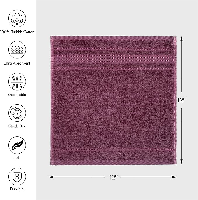 Melissa Linen, 100% Cotton Washcloths for Bathroom, 4-Piece 12x12 in Wash Cloth Set, Turkish Small Hand Towels, Soft Rags for Face and Body, (Dark Reddish Purple Washcloths)