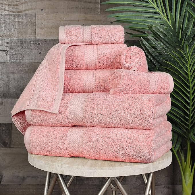 BLUENILEMILLS Madison Egyptian Cotton Towels, Towel Set for Bathroom, Shower, Hotel, Plush, 800 GSM, Highly Absorbent and Ultra-Soft Towels, Bath Essentials, 8 Piece Assorted Towel Set, Tea Rose