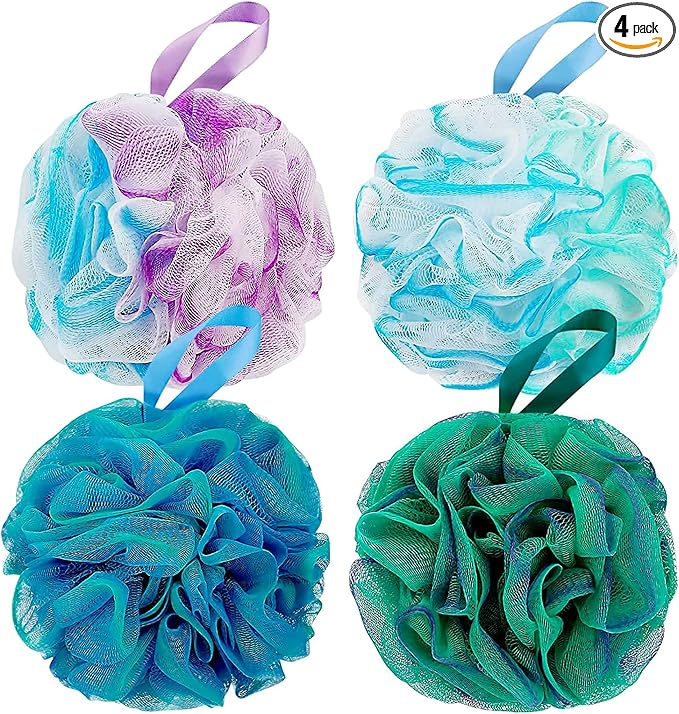 Bath Shower Loofah Sponge 60g Bath Mesh Pouf Shower Ball Body Scrubber Exfoliating Bath Sponge for Women and Men, Set of 4, Flower