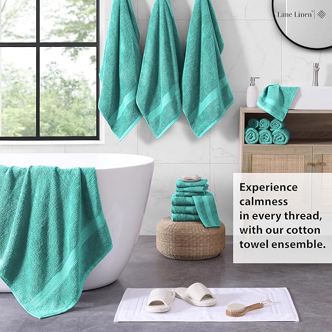 LANE LINEN 100% Ring Spun Cotton Bath Towel Set, 18PCs - 4 Shower Towels, 8 Washcloths, 6 Premium Hand Towels for Bathroom - Hotel Quality Softness & Oeko-Tex Certified, Sustainably Produced - Teal