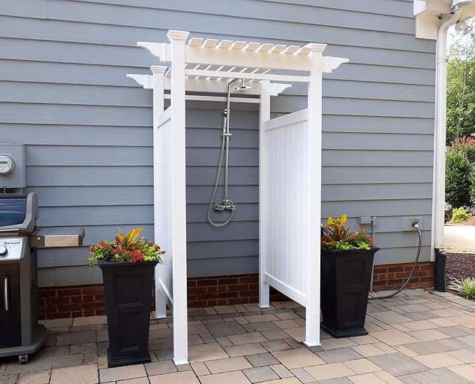 7.4ft H x 5.1ft W x 3.9ft L (1 Enclosure) Zippity Oceanside Outside Shower Enclosure Kit, White Vinyl Outdoors Shower Kit for Pool Shower, Outdoor Changing Room, Beach Shower, Outdoor Bathroom ZP19024