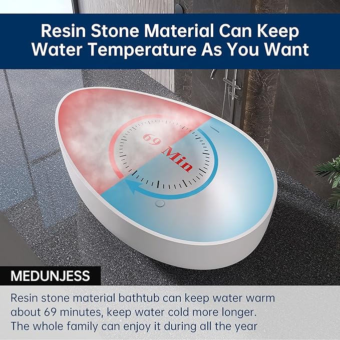 Stone Resin Freestanding Bathtub 71", Elegant Oval Shape Soaking Tub, Solid Surface Stand Alone Bathtub with Drain & Integrated Slotted Overflow Matte White AMMG015-1800
