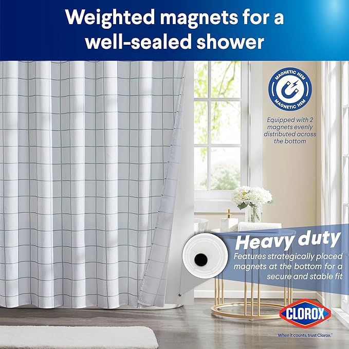 CLOROX Bathroom Waffle Windowpane Pattern Shower Curtain with Waterproof Lightweight PEVA Liner Set, Standard Size, Metal Grommets, No Hooks 72" x 72" - 2 Pc Set - Sage Green w Frosty PEVA