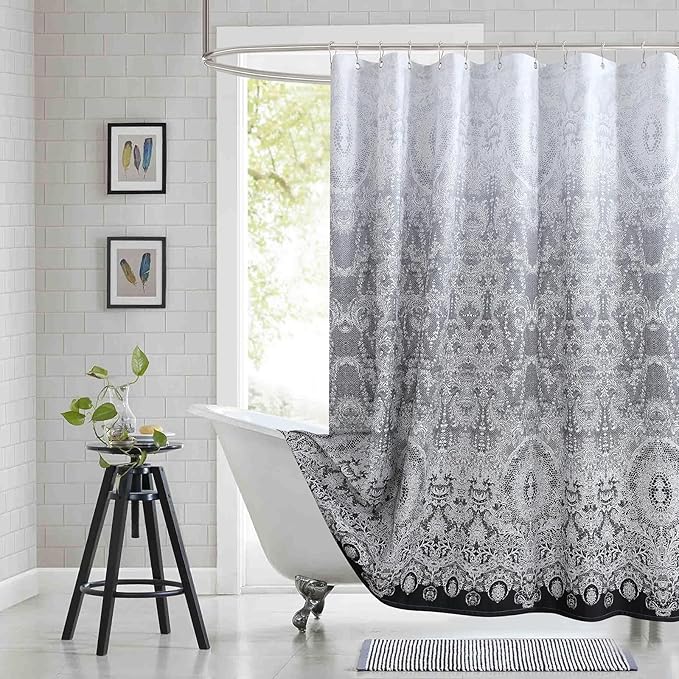 78 Inch Long Shower Curtain - Chantilly Lace Design, Heavyweight Polyester, Black to White Ombre, 72" W x 78" H