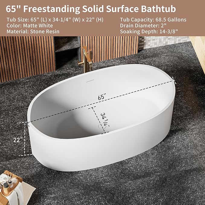 Abruzzo 65" Matte White Freestanding Solid Surface Bathtub, Stone Resin Freestanding Bath Tub with Overflow and Pop-up Drain