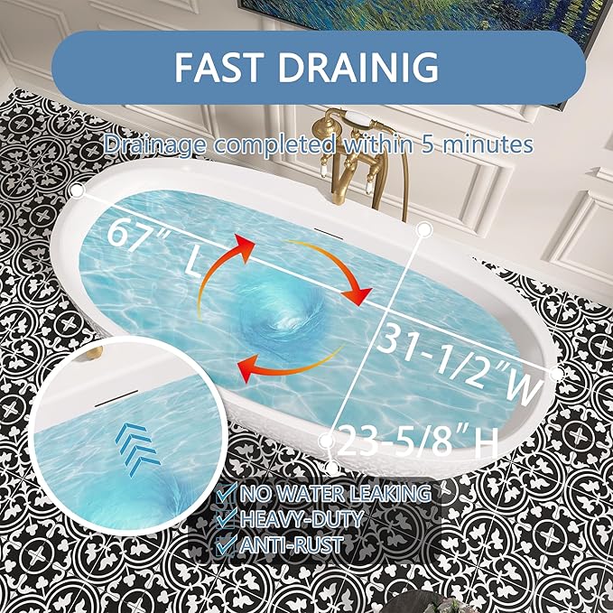 67" Free Standing Tub, Pure Acrylic Freestanding Bathtub, Stylish Stand Alone Tub, Contemporary Deep Soaking Bath Tub, cUPC Certified (Glossy White)