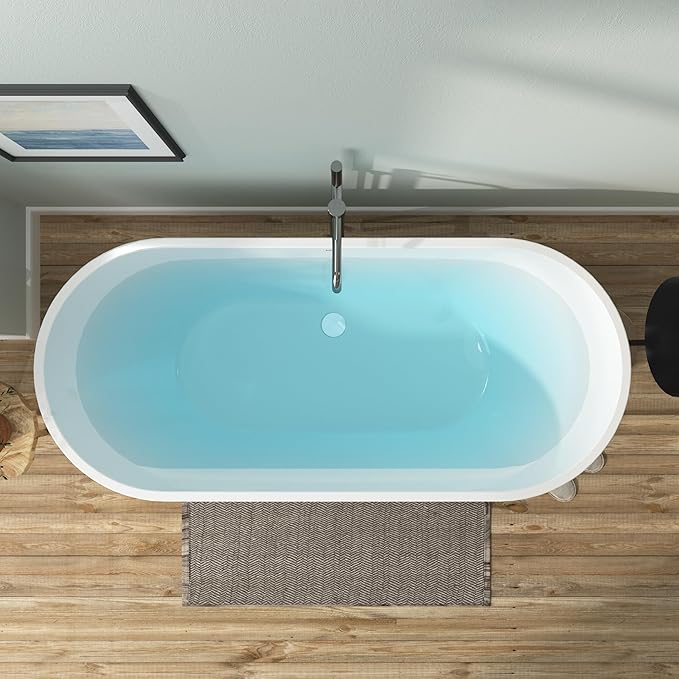 FerdY 67" Bali Acrylic Freestanding Bathtub, Gracefully Shaped Freestanding Soaking Bathtub, cUPC Certified, Toe-Tap Polished White Drain and Minimalist Linear Design Overflow Included