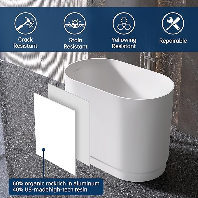 39" Stone Resin Janpanese Soaking Tub, Freestanding Deep Soaking Bathtub with Seat Desgin,Toe-tap Chrome Right Drain, Slotted Overflow, cUPC Certified, in Matte White