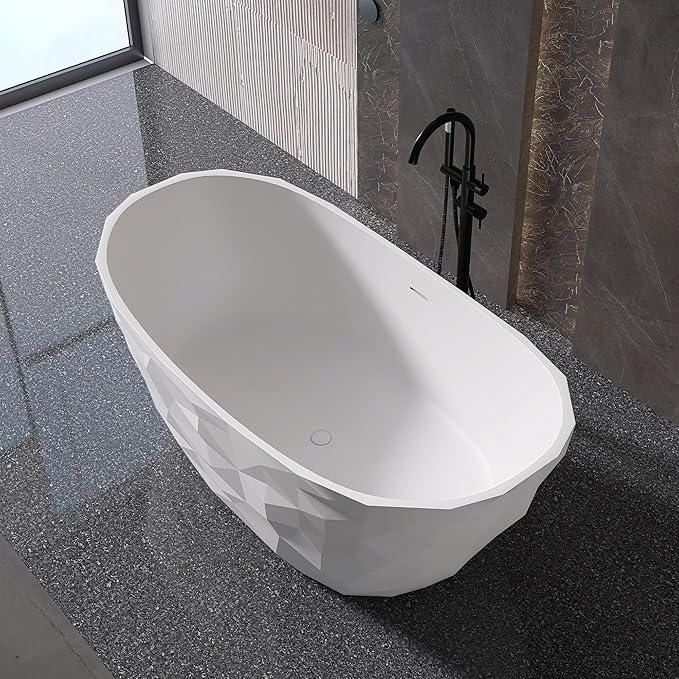 64'' Stone Resin Solid Surface Freestanding Bathtub, Modern Elegant Design Soaking Stand Alone Tub, Diamond Pattern Matte White, Drain and Overflow Included 019-1630
