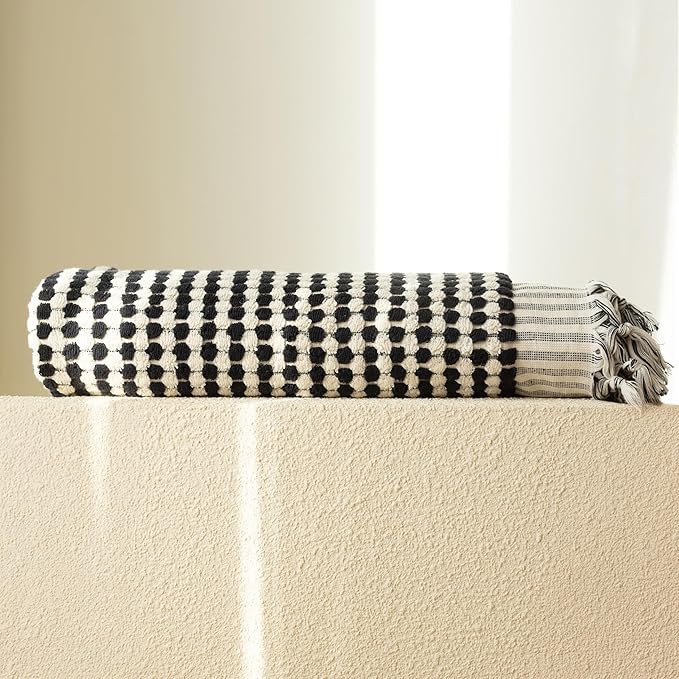 Pom Pom Turkish Bath and Beach Towels - Thick, Soft, Luxurious 100% Turkish Organic Cotton Bubble Weave Towels (Black, 35 x 67 Bath Size)