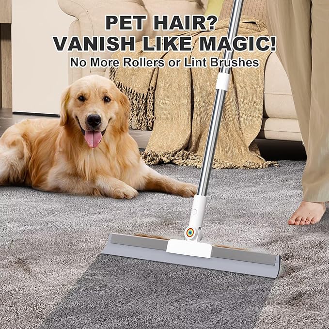 Squeegee Broom for Floor, 18" Heavy Duty Floor Squeegee with Rubber Scrubbing Teeth, 2-in-1 Magic Silicone Broom for Pet Hair, Dust, Water, Tile and Carpet, 61" Long Handle