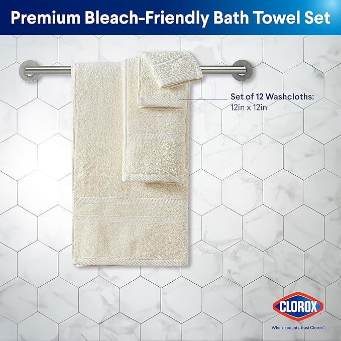 CLOROX Bleach Friendly, Quick Dry, 100% Cotton Washcloths (12" x 12"), Highly Absorbent Soft Lightweight, Ideal for Everyday Use, Easy to Wash (12 Pack, Ivory)