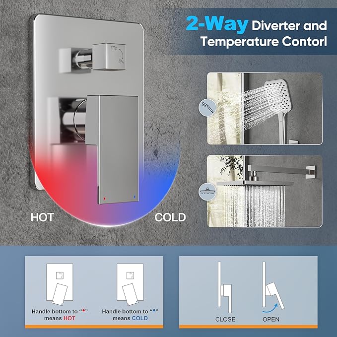 Gabrylly Shower System, Shower Faucets Sets Complete for Bathroom with High Pressure 10" Rain Shower and Handheld Shower, 2 Way Shower Valve Kit, Chrome