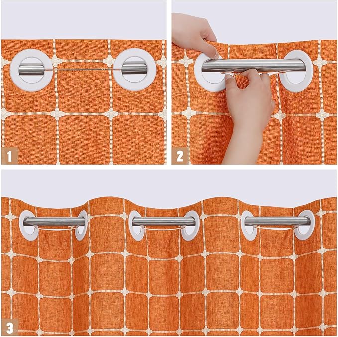 MitoVilla No Hooks Needed Orange Boho Shower Curtain with Snap-in Liner, Farmhouse Cotton Linen Fabric Shower Curtains with Tassels for Rustic Neutral Bathroom Decor, Burnt Orange, 72 x 74
