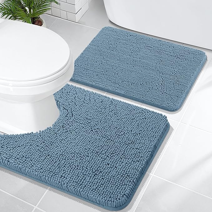 OLANLY Bathroom Rugs Sets 2 Piece, Soft Absorbent Chenille Bath Mats and U-Shaped Contour Toilet Mat Area Rug Set, Machine Washable Bath Carpet, Home Decor Accessories(24"x16"+24"x20", Airy Blue)