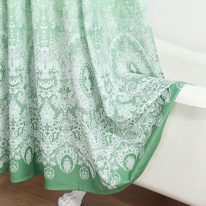 Extra Long Shower Curtain - Chantilly Lace Design, Heavyweight Polyester, Grass Green to White Ombre, 72" W x 84" H