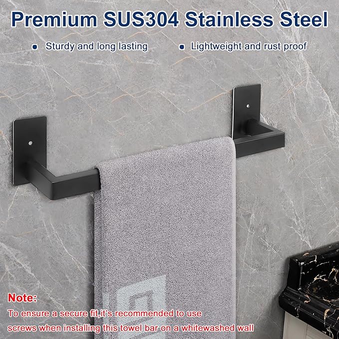 NearMoon Self Adhesive Bathroom Towel Bar, Stainless Steel Square Bath Wall Shelf Rack Hanging Towel Stick On Sticky Hanger Contemporary Style, Towel Rack Wall Mounted (16 Inch, Matte Black)