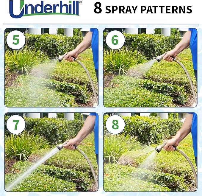 Underhill Pattern Master Gold Series Garden Water Hose Nozzle Sprayer Head, 3/4-Inch Thread Inlet, Jet Attachment 8 Spray Patterns, NG200-8S