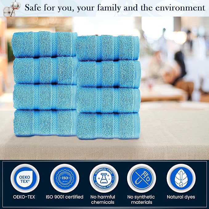 HALLEY Turkish 8 Pack Premium Washcloths (8 Pieces) 650 GSM Highly Absorbent Super Soft 100% Cotton - 8 Washcloths (Blue)