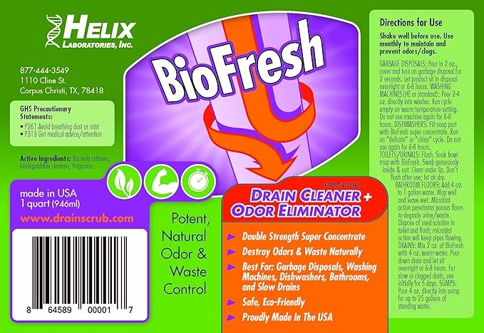 Enzyme Drain Cleaner & Deodorizer for Sink Drain, Showers, Septic Systems, Bathroom & Kitchen - Smell Remover for Fruit Fly Garbage Disposals, Dishwasher & Washing Machines - (32oz)