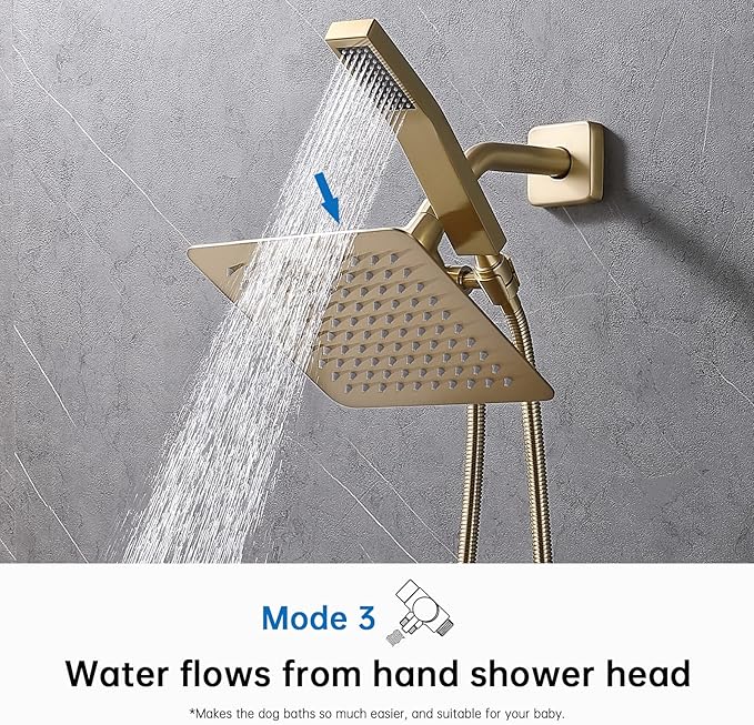 G-Promise Solid Metal Shower Arm Diverter with Holder for Hand Held Showerhead and Fixed Spray Head, G 1/2 3-Way Bathroom Universal Diverter System Replacement Part (Brushed Gold)