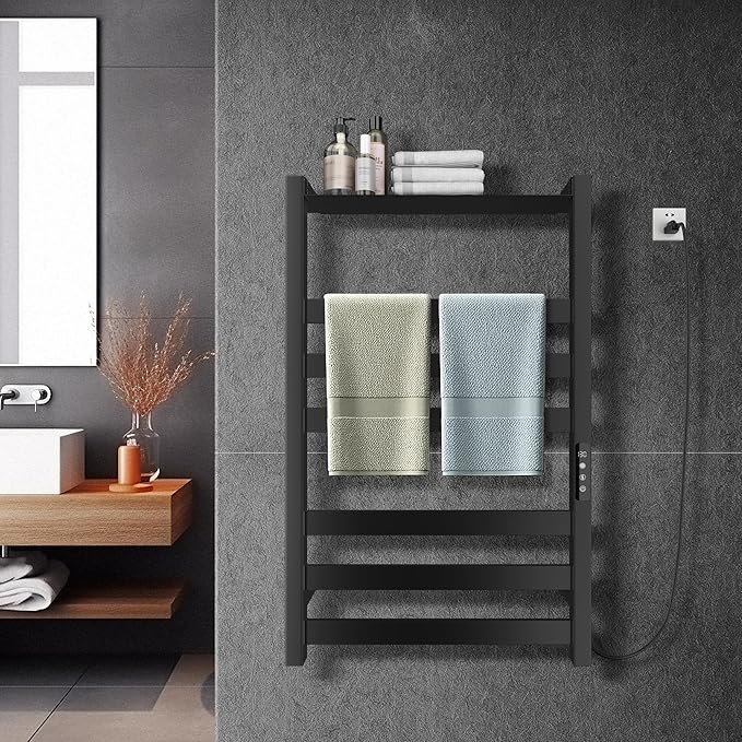 Towel Warmer,Stainless Steel Towel Warmer Rack for Bathroom -6 Bars with Shelf Wall Mounted Towel Heater with Intelligent Touch Screen Timer, Hard Wired/Plug-in, Black