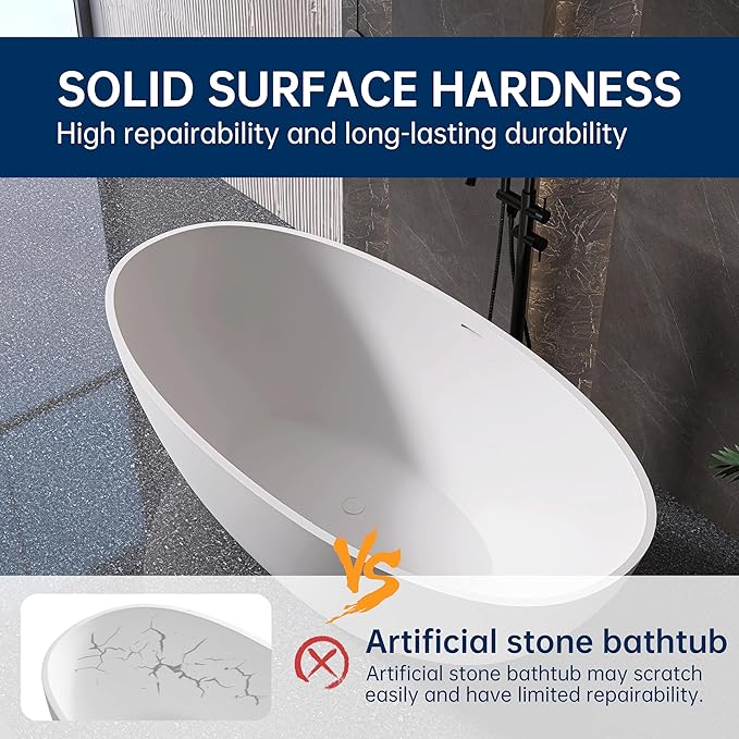 71'' Resin Stone Soaking Bathtub Freestanding Bathtub Solid Surface Modern Tubs with Overflow and Pop-up Drain in White…