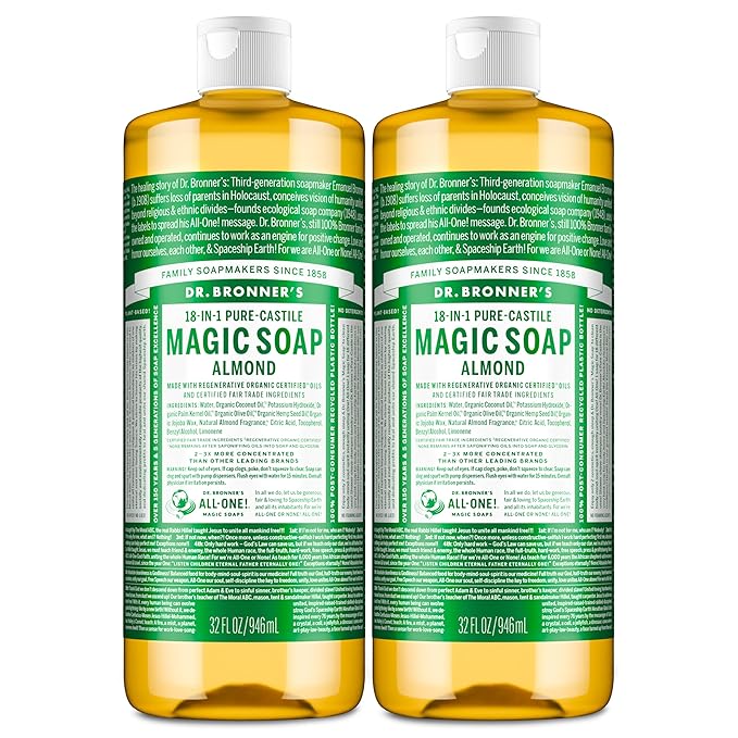 Dr. Bronner's Pure-Castile Magic Liquid Soap (Almond, 32 Ounce, 2-Pack)- Made with Regenerative Organic Certified Oils, 18-in1 Uses: Face, Hair, Hand & Body Soap, Laundry, Pets- Concentrated, Vegan