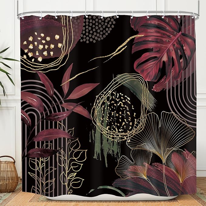 Black Burgundy Boho Shower Curtain 72Wx72H Mid Century Modern Abstract Minimalist Geometric Tropical Palm Leaves Plant Bathroom Decor Gold Arch Bath Curtain Fabric Polyester 12 Pack Hooks