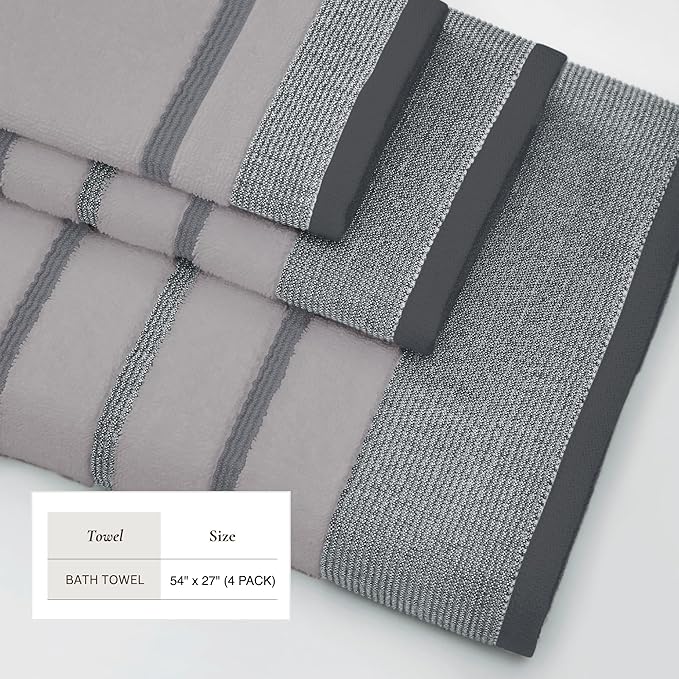 Great Bay Home Decorative Bath Towel Set - Luxury Cotton 4 Pack 54x27 Bath Towel Set - Luxurious, Ultra-Soft, Durable Towels for Bathroom Decor (Grey)