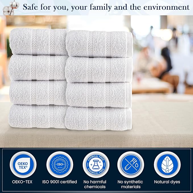 HALLEY Turkish 8 Pack Premium Washcloths (8 Pieces) 650 GSM Highly Absorbent Super Soft 100% Cotton - 8 Washcloths (White)