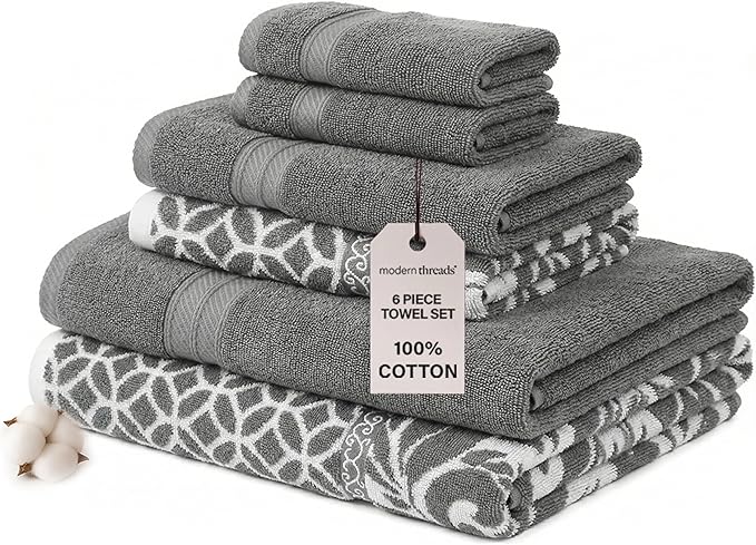 Modern Threads Trefoil Filigree 6-Piece 100% Cotton Towel Set – Reversible Yarn Dyed Jacquard – Includes 2 Bath Towels, 2 Hand Towels, 2 Washcloths – Absorbent, Quick Dry, Soft & Durable – Dark Gray