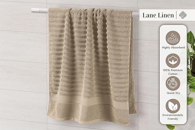 LANE LINEN Bath Towel Set - Soft and Absorbent, Ribbed, 100% Cotton Towels for Bathroom, Hotel, Body & Spa - 2 Bath Towels Large Size, 2 Bathroom Hand Towel and 2 Wash Cloths (6 Piece Set) - Taupe