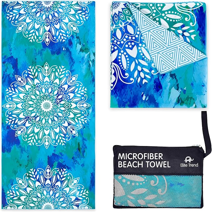 Elite Trend Microfiber Beach Towel for Adults with Bag - Extra Large 78x35 inch Lightweight Sand Free Quick Dry Towel for Travel, Swimming, Yoga, Camping (Mandala Blue)