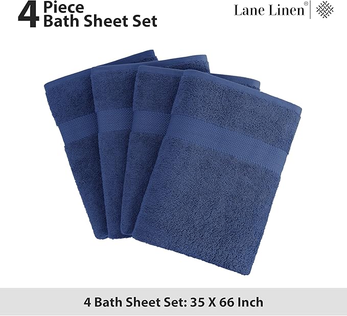 LANE LINEN 100% Cotton Bath Sheets 4 Pack (35"x66") - Fade Resistant, Machine Washable, Soft & Highly Absorbent - Hotel Quality, Extra Large Bathroom Towel Sets - Ideal for Family, Guests - Navy Blue