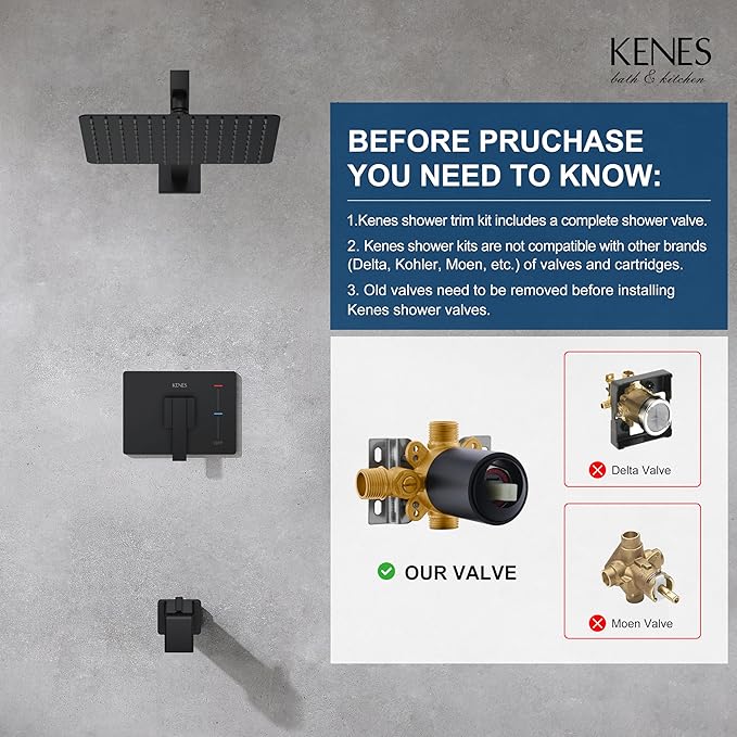 KENES Matte Black Tub Shower Faucet Set Complete with 10-Inch Rainfall Shower Head and Tub Spout, Square Tub and Shower Trim Kit, KE-6024A-2 (Shower Valve Included)