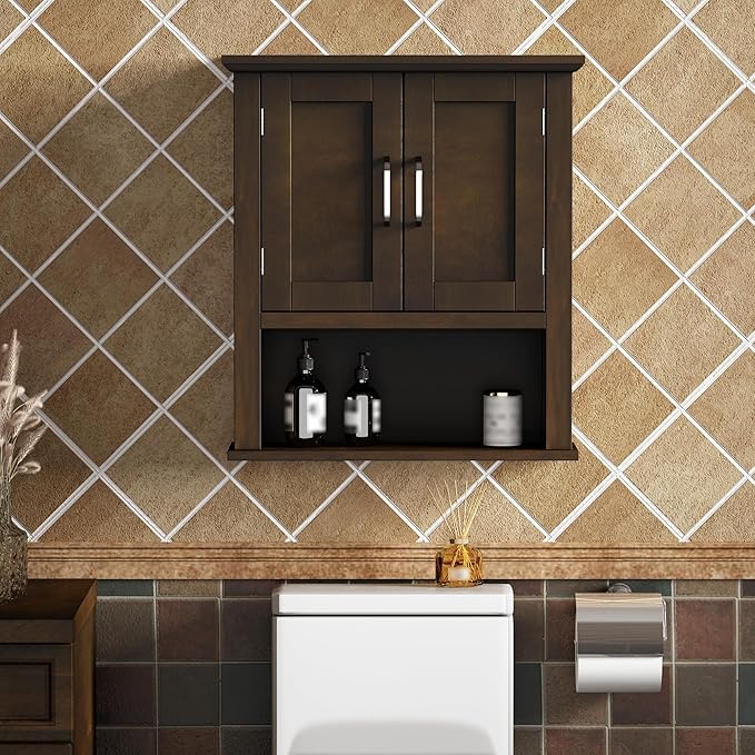 ChooChoo Wood Wall Cabinet with Doors, Medicine Cabinet with Adjustable Shelves Over The Toilet, Rustic Cabinet Wall Mounted for Bathroom, Kitchen, Living Room, Walnut