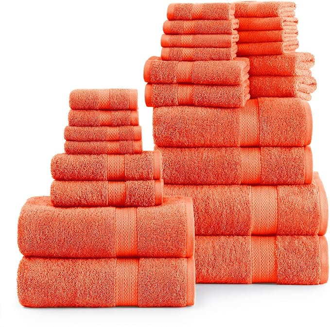 LANE LINEN 100% Luxury Cotton Bath Towel Set - Durable, Quick Dry, Ultra Soft & Highly Absorbent - 4 Bath, 4 Fingertip, 6 Hand Towel, 8 Washcloths, 2 Bath Sheets - Ring Spun Technology - Tiger Lily