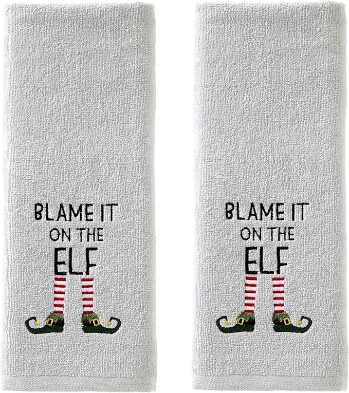 SKL Home Christmas/Winter Blame It On The Elf Hand Towel 2pc Set for Bath/Kitchen & Gift, Gray