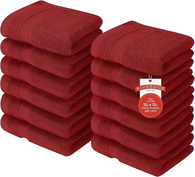 RIVERSIDE 12 Pack Premium 100% Cotton Face Washcloths, 550 GSM, 12 x 12 Inches, Soft, Absorbent Towels for Body & Shower, Bathroom Wash Clothes, Durable Face Towels Set for Spa, Gym, Red