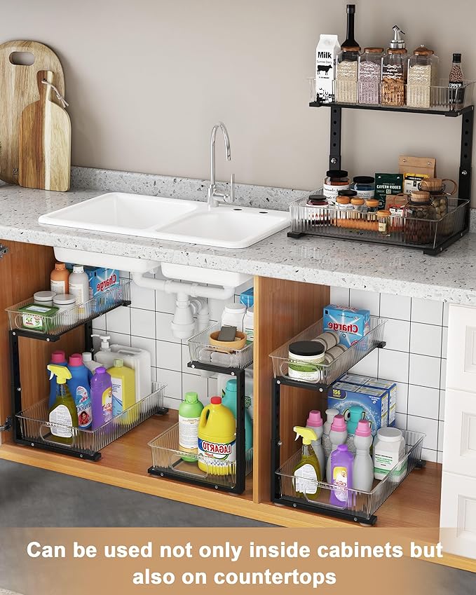 UMDONX Under Sink Organizer 2-Pack Adjustable Bathroom Under Sink Pull-Out Organizer with 5 Adjustable Heights for Kitchen, Bathroom & Laundry Storage