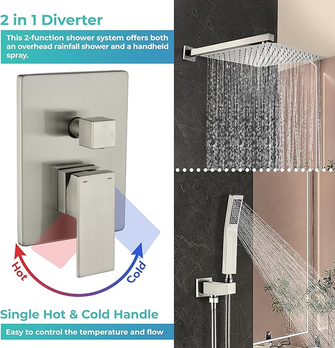 WELLFOR Wall Mounted Shower Faucet Set, Bathroom Showers Faucets, Shower System With 10" Square Rain Shower Head and Handheld, 2.5 GPM, Rough in Valve, Hot Cold Water, Single Handles (Brushed Nickel)