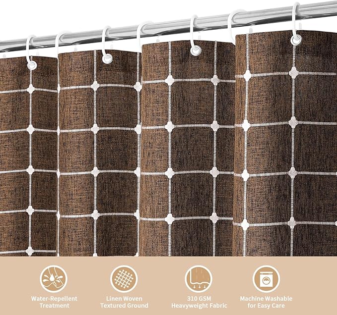 MitoVilla Brown 36 x 72 Boho Small Stall Shower Curtain, Narrow Polyester Linen Fabric Shower Curtains for Farmhouse Bathroom Decor, Half Size Cloth Shower Curtain Set with Hooks