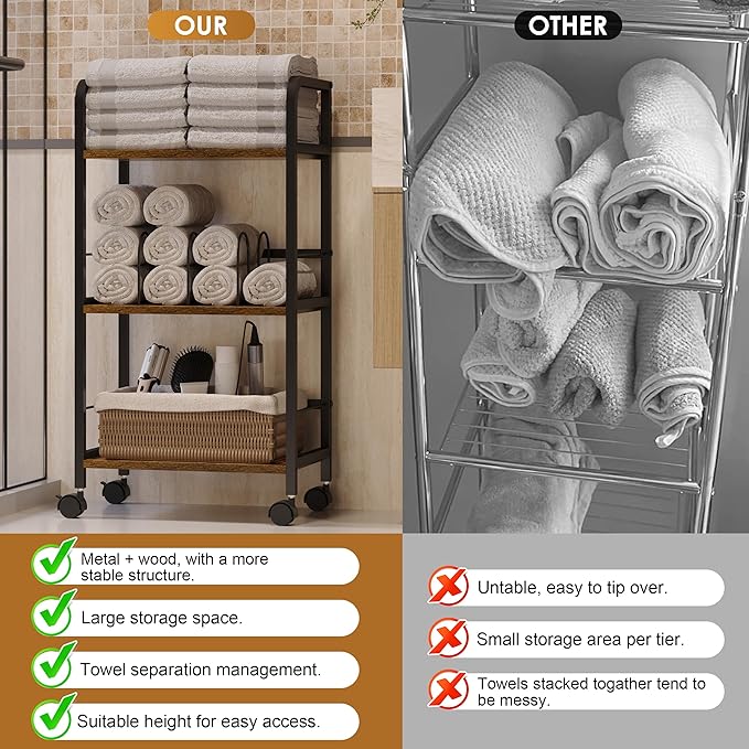 Towel Rack Free Standing Rolling 3-Tier with Removable Dividers & 2 Brake Wheels, Mobile Bathroom Storage Organizer with 3 Wood Shelves for Towels, Toiletries, Poolside Towel Holder
