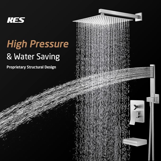 KES Shower Faucet Set 12 Inch Rain Shower Head 3-Function Shower System with Tub Spout Rainfall Shower Head with Handheld Shower, Pressure Balance Valve Brushed Nickel, XB6305F18S12-BN