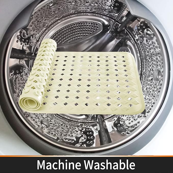 Yimobra Bathtub Mat Non Slip, Super Strong Suction Cups, 27.5"x15.5" Long Shower Mat with Drain Holes, Machine Washable Fast Draining Bath Mats, Bathroom Essentials,Beige