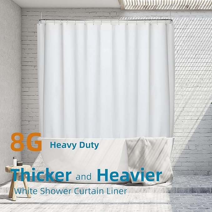 Clawfoot Tub Shower Curtain Liner 8G Extra Thick and Heavy Duty 180W x 70H inch,White, Waterproof Plastic Shower Liner Weighted 36 Mental Hooks,Upgrades